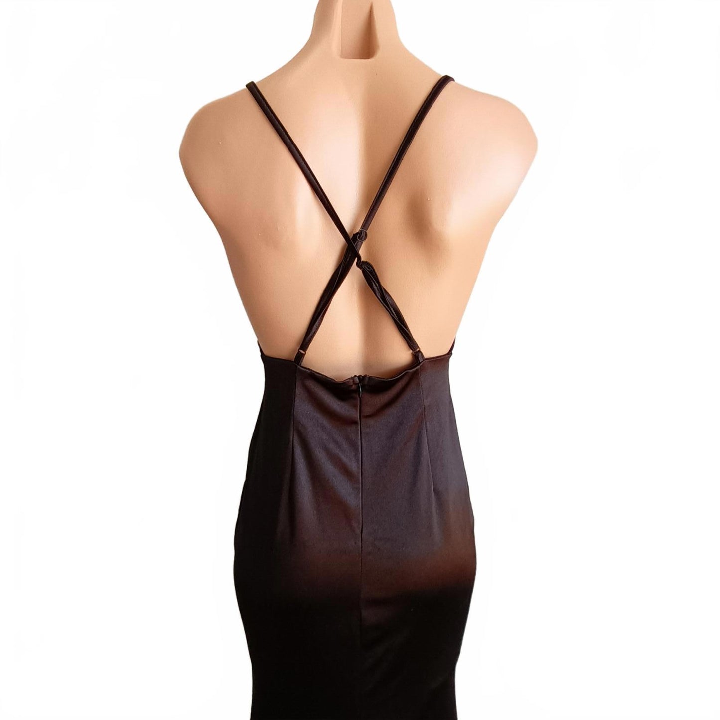Vintage backless evening gown black sateen fishtail.