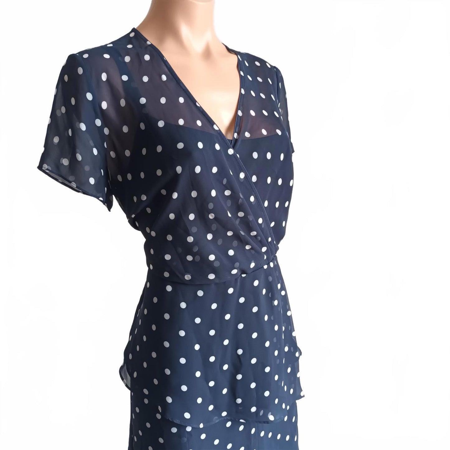 Navy spotted two piece peplum vintage Katies chiffon suit.