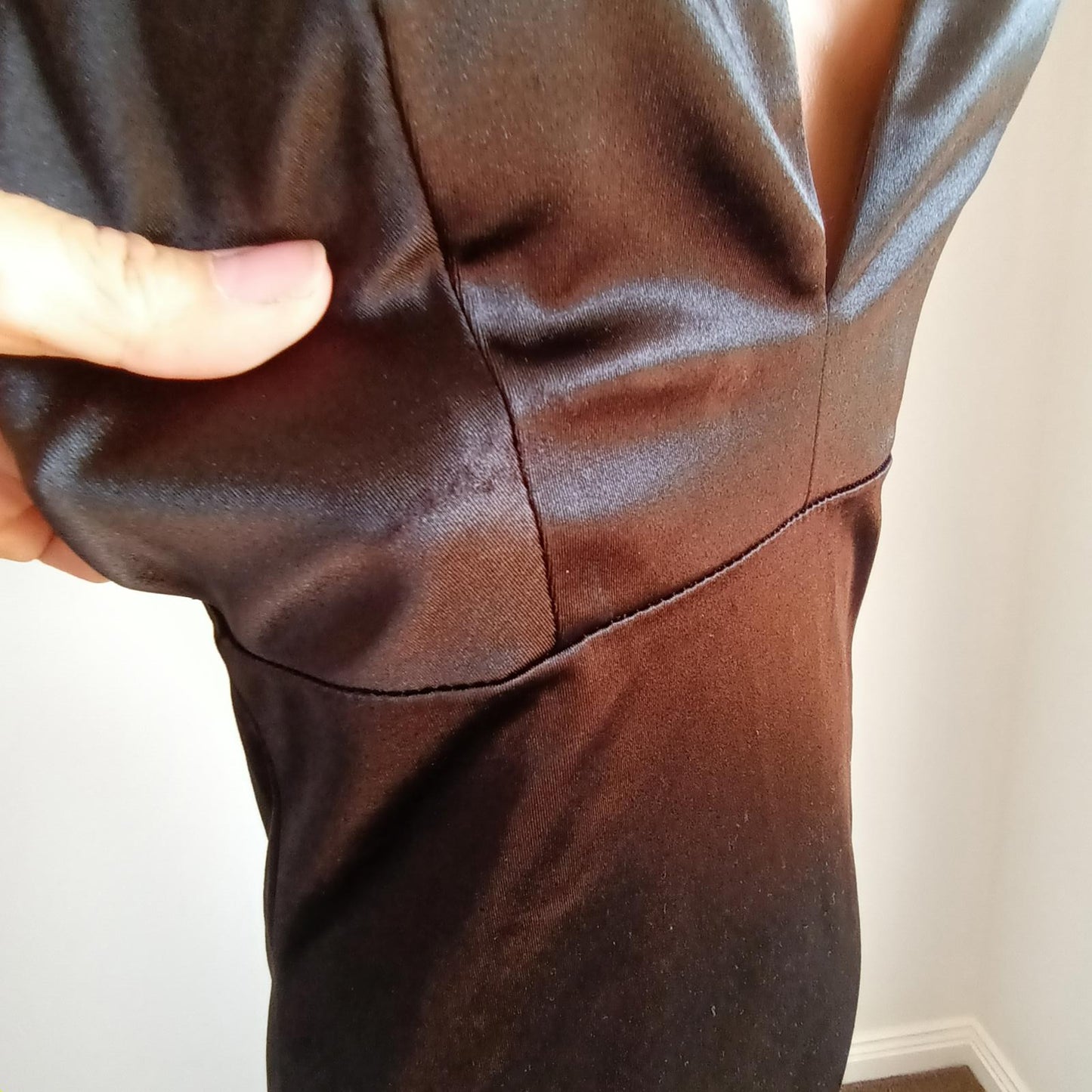 Vintage backless evening gown black sateen fishtail.