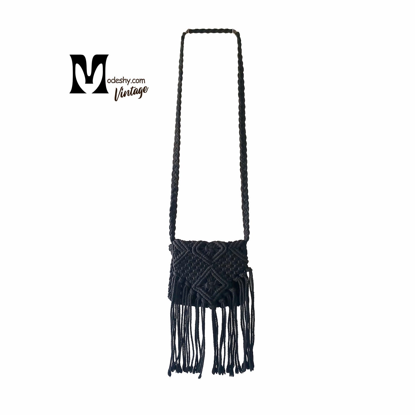 Vintage black hand crochet woven macrame hand bag Modeshy