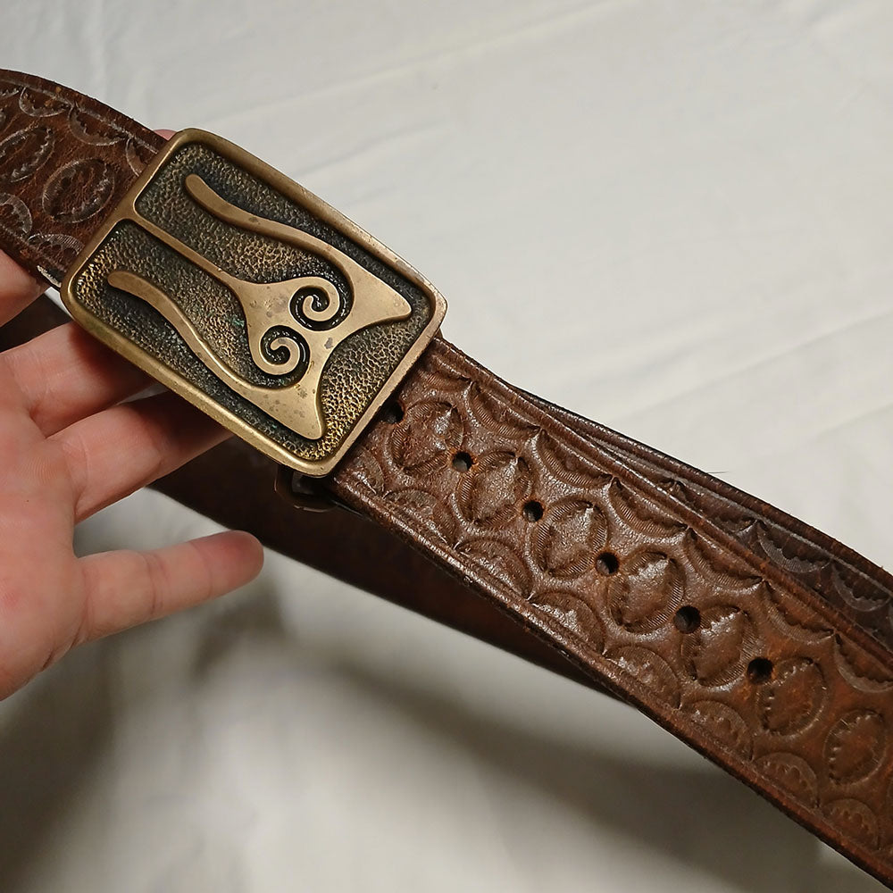 Vintage Leather hand carved belt with brass buckle Modeshy