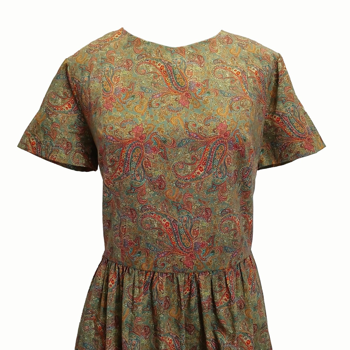 Vintage hand made green paisley floral cotton dress Modeshy