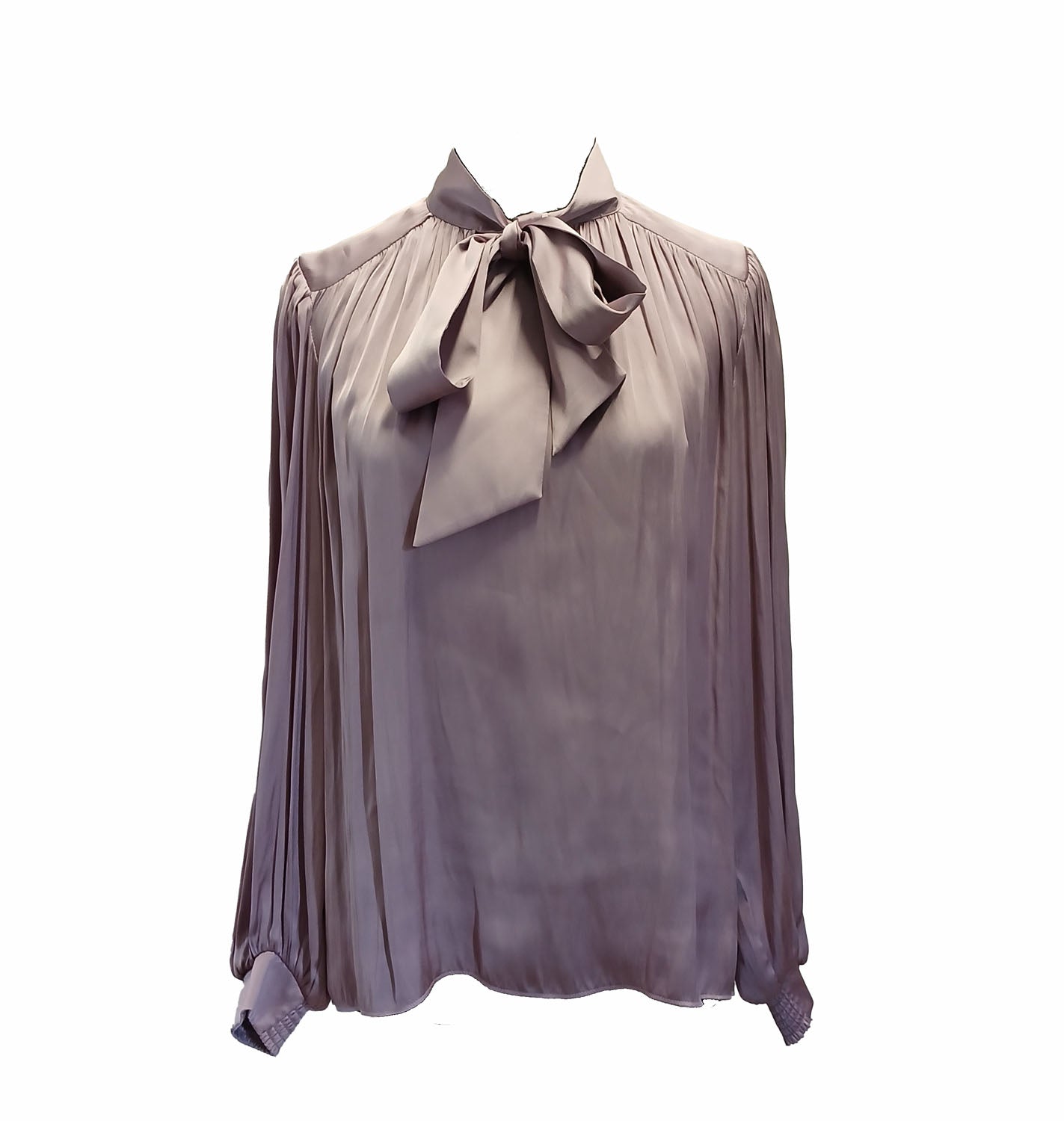 Basque flowing, pussy bow mauve lavender long sleeve top. Modeshy