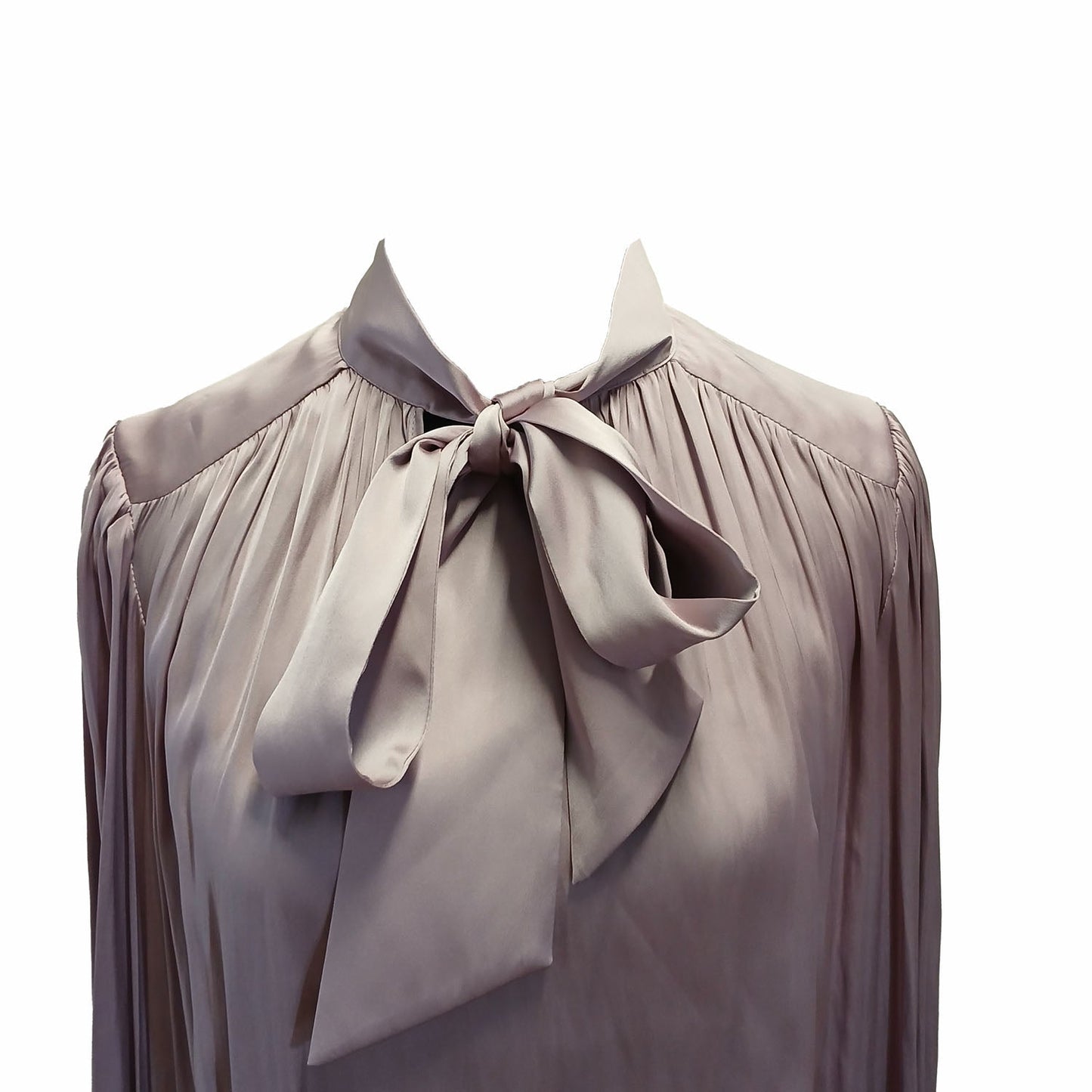 Basque flowing, pussy bow mauve lavender long sleeve top. Modeshy