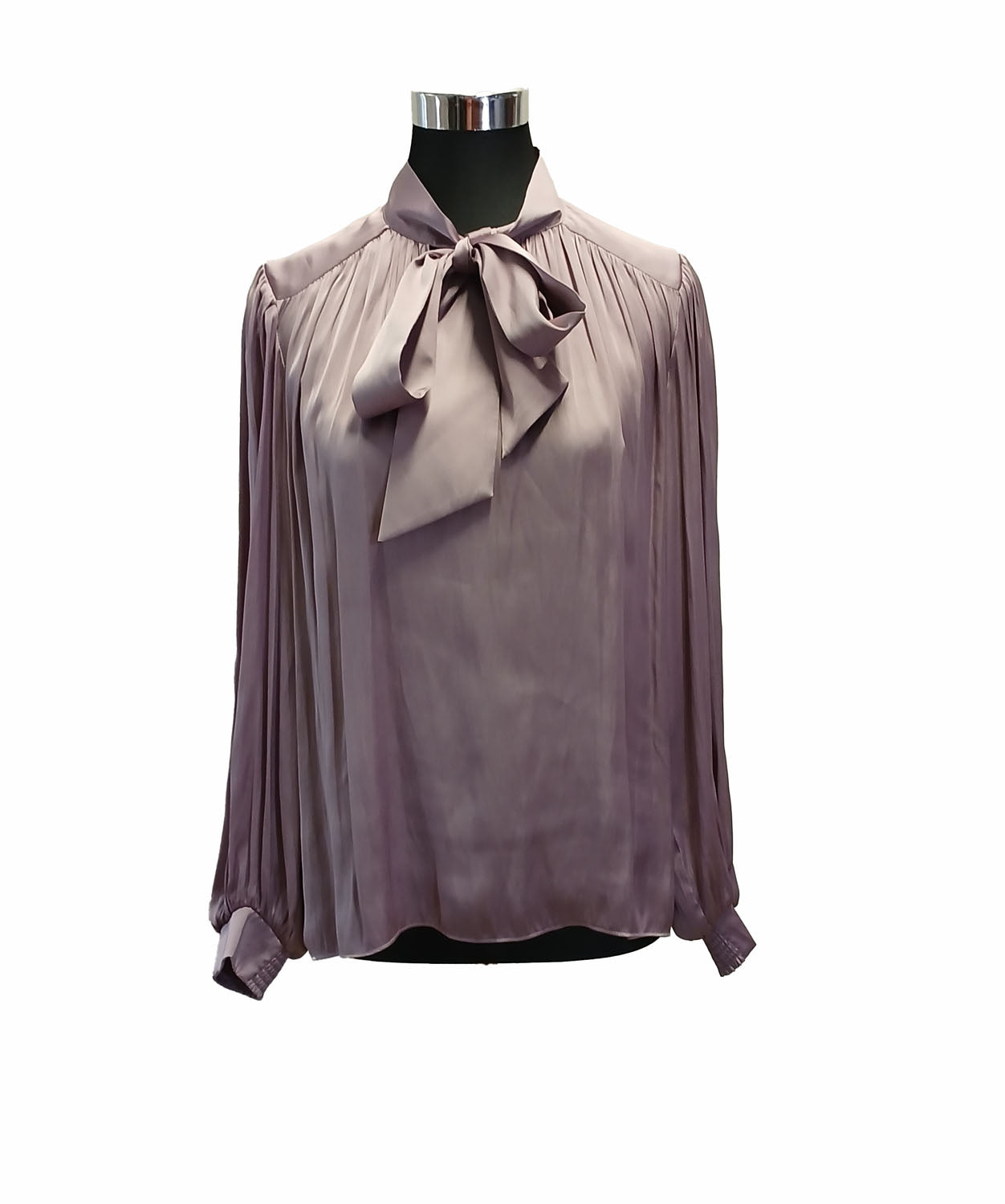 Basque flowing, pussy bow mauve lavender long sleeve top. Modeshy