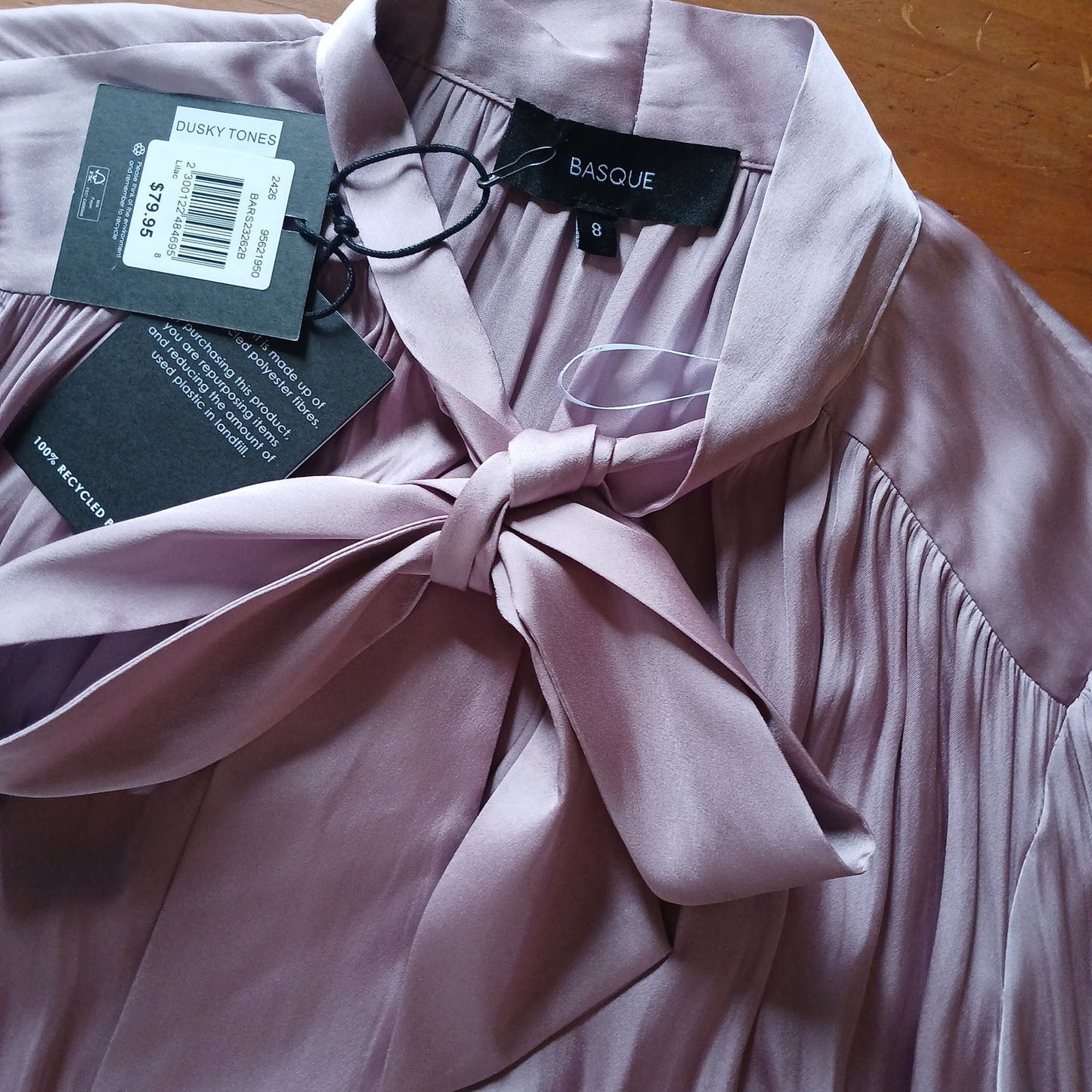 Basque flowing, pussy bow mauve lavender long sleeve top. Modeshy