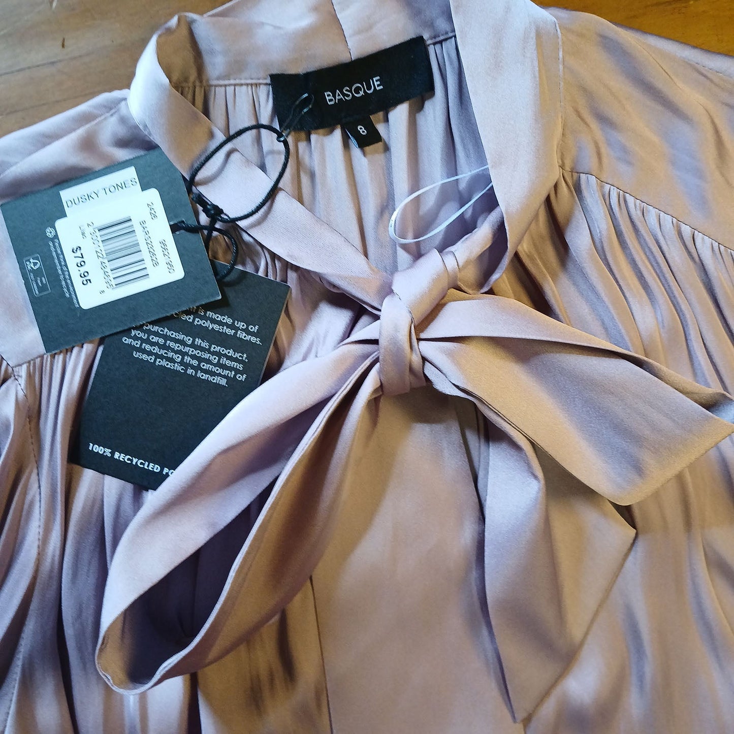 Basque flowing, pussy bow mauve lavender long sleeve top. Modeshy
