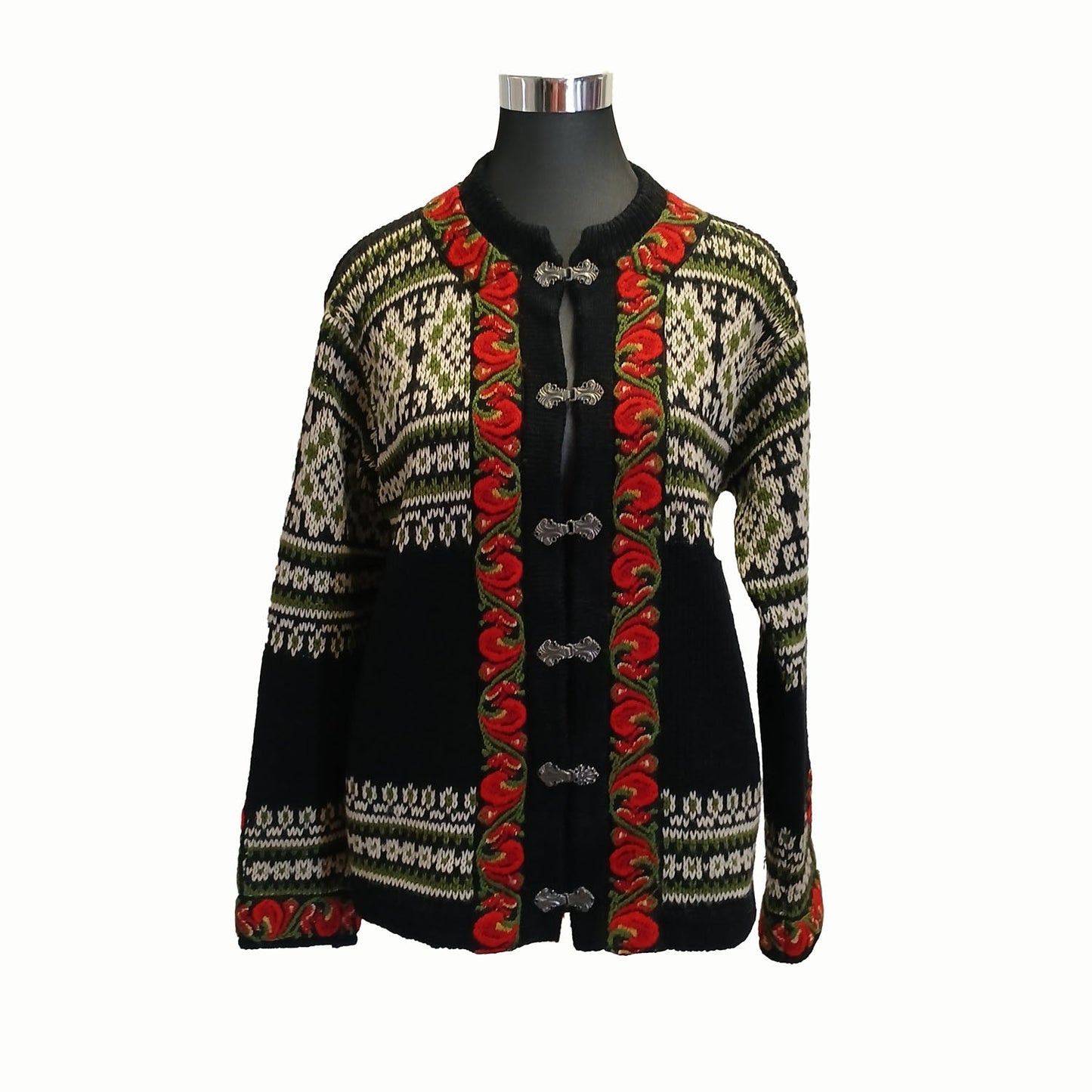 Vintage Icelandic Design Embroidered Wool Clasp Cardigan Sweater Modeshy