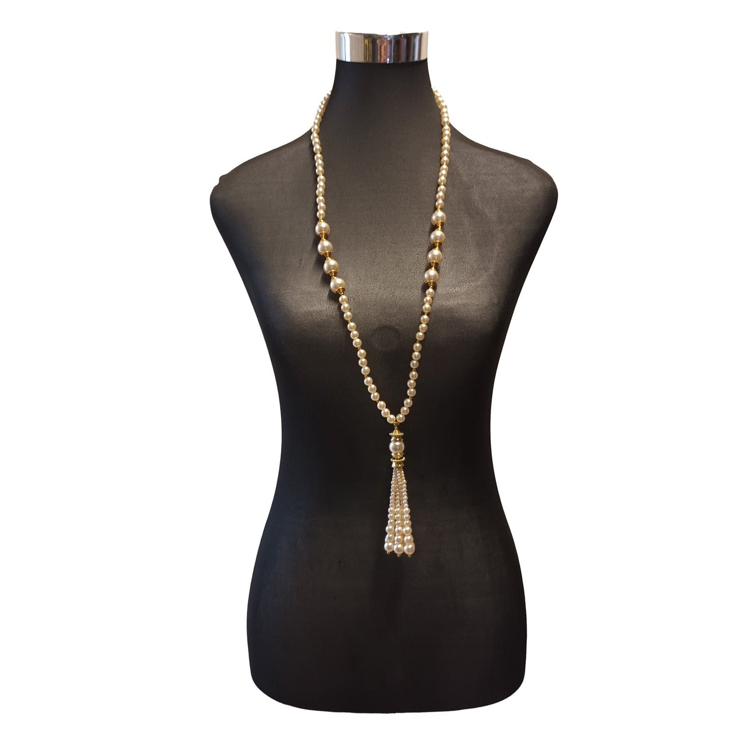 Vintage long Pearl lanyard tassel style necklace with gold accents Modeshy