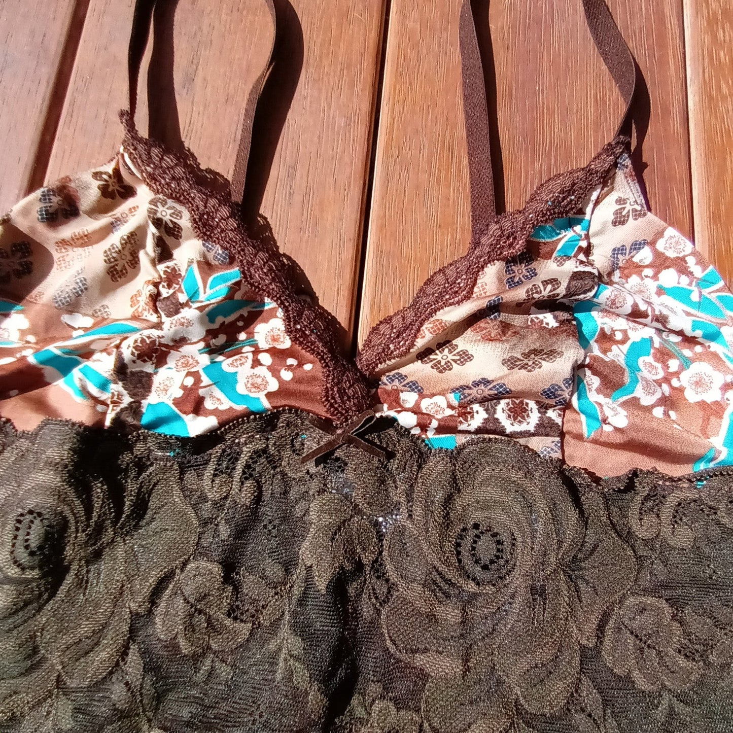 Y2K brown lace and paisley aqua cami top by Undercoverwear Modeshy