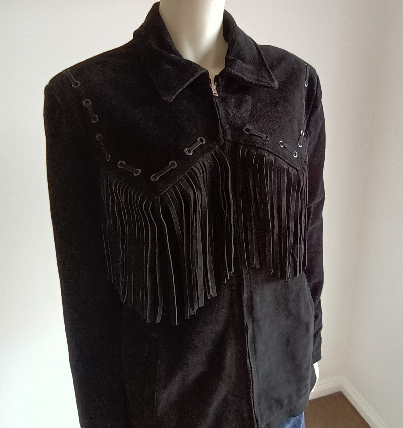 Vintage black suede unisex fringed western jacket Modeshy