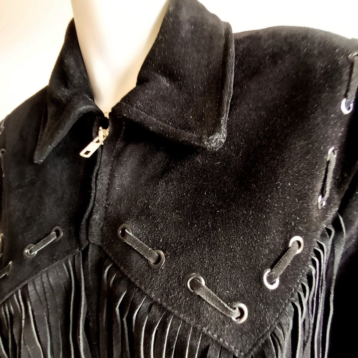 Vintage black suede unisex fringed western jacket Modeshy
