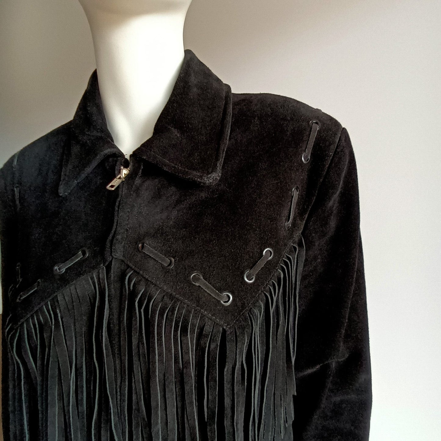 Vintage black suede unisex fringed western jacket Modeshy