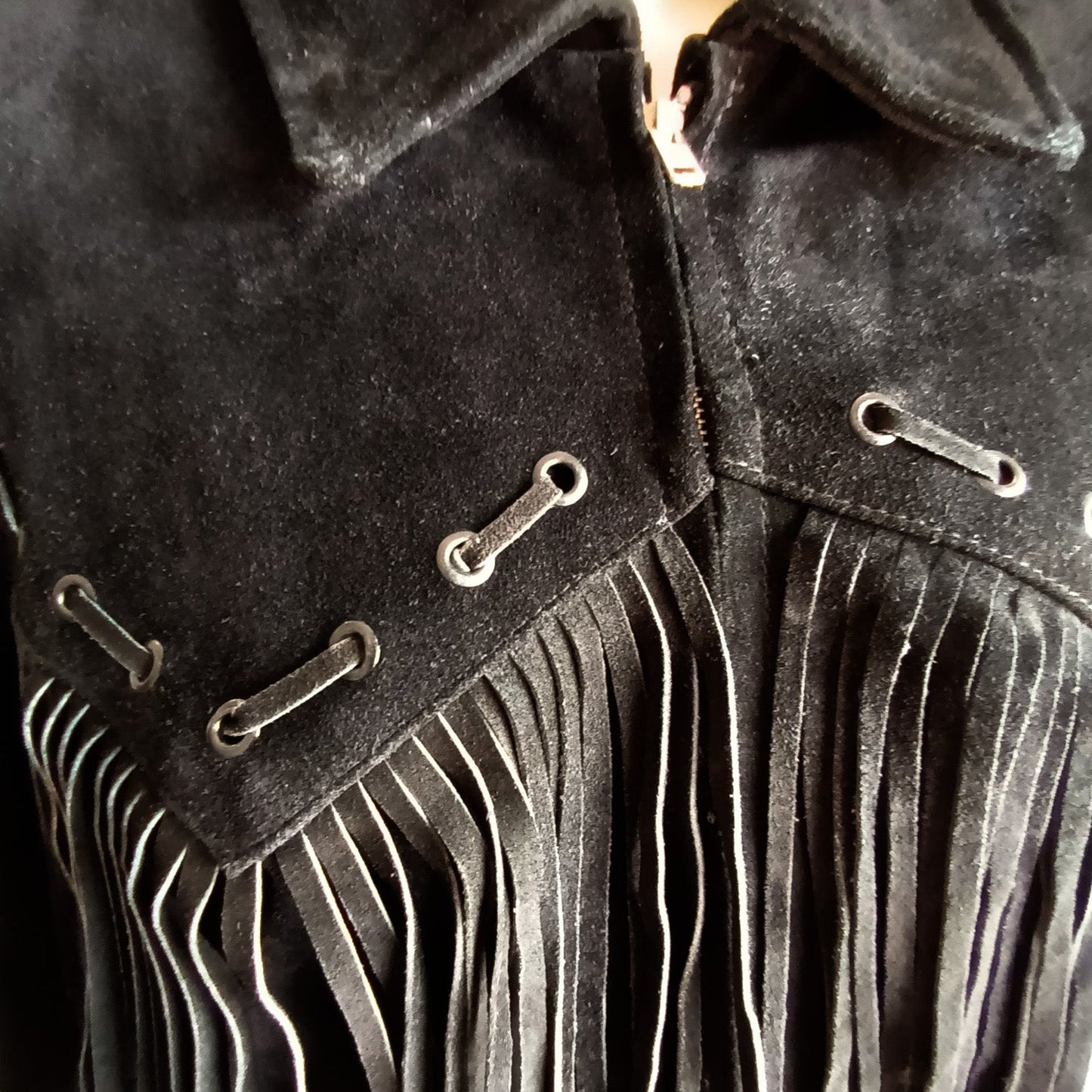 Vintage black suede unisex fringed western jacket Modeshy