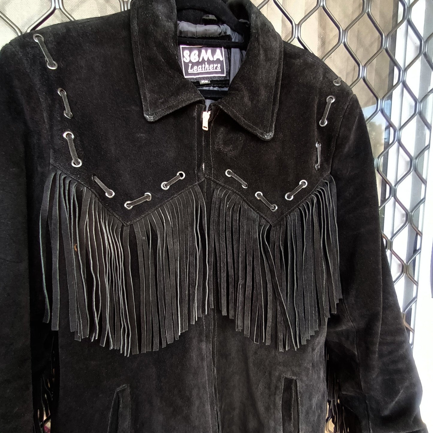 Vintage black suede unisex fringed western jacket Modeshy