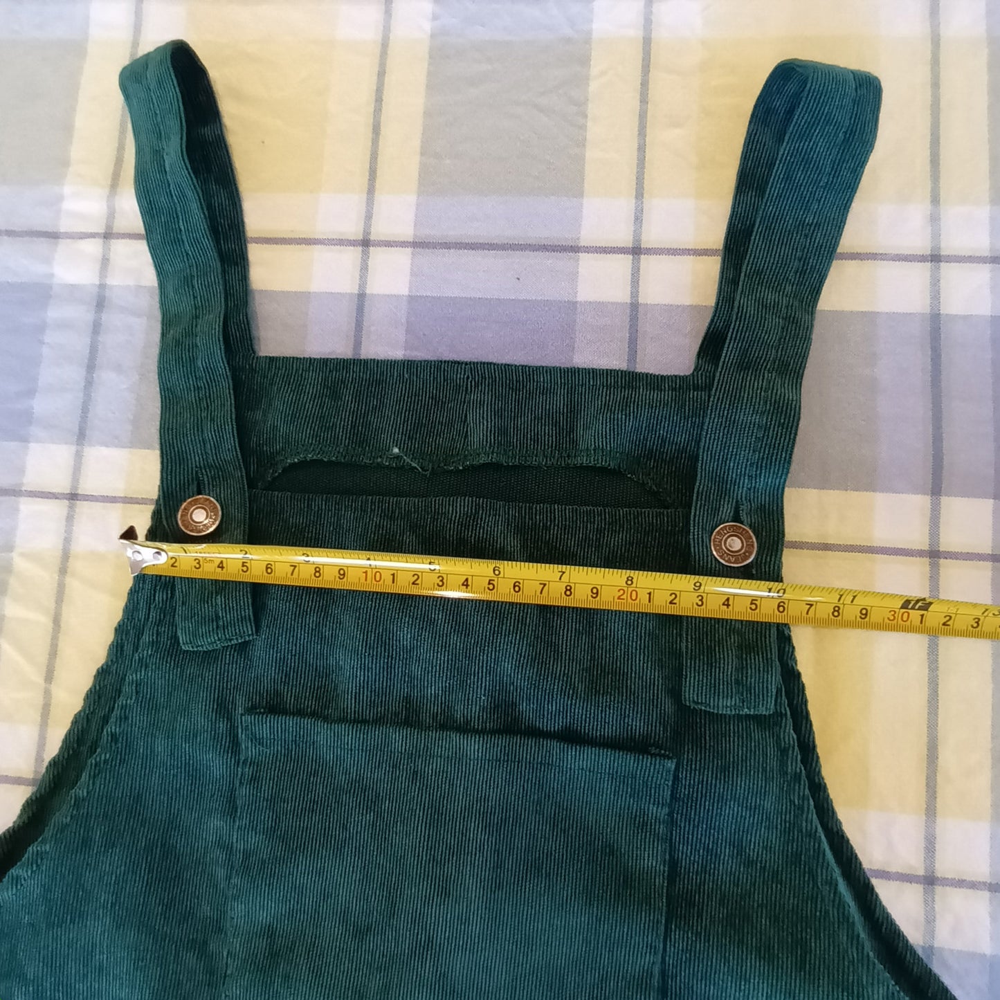 Green and floral hand made velvet pinafore dress.