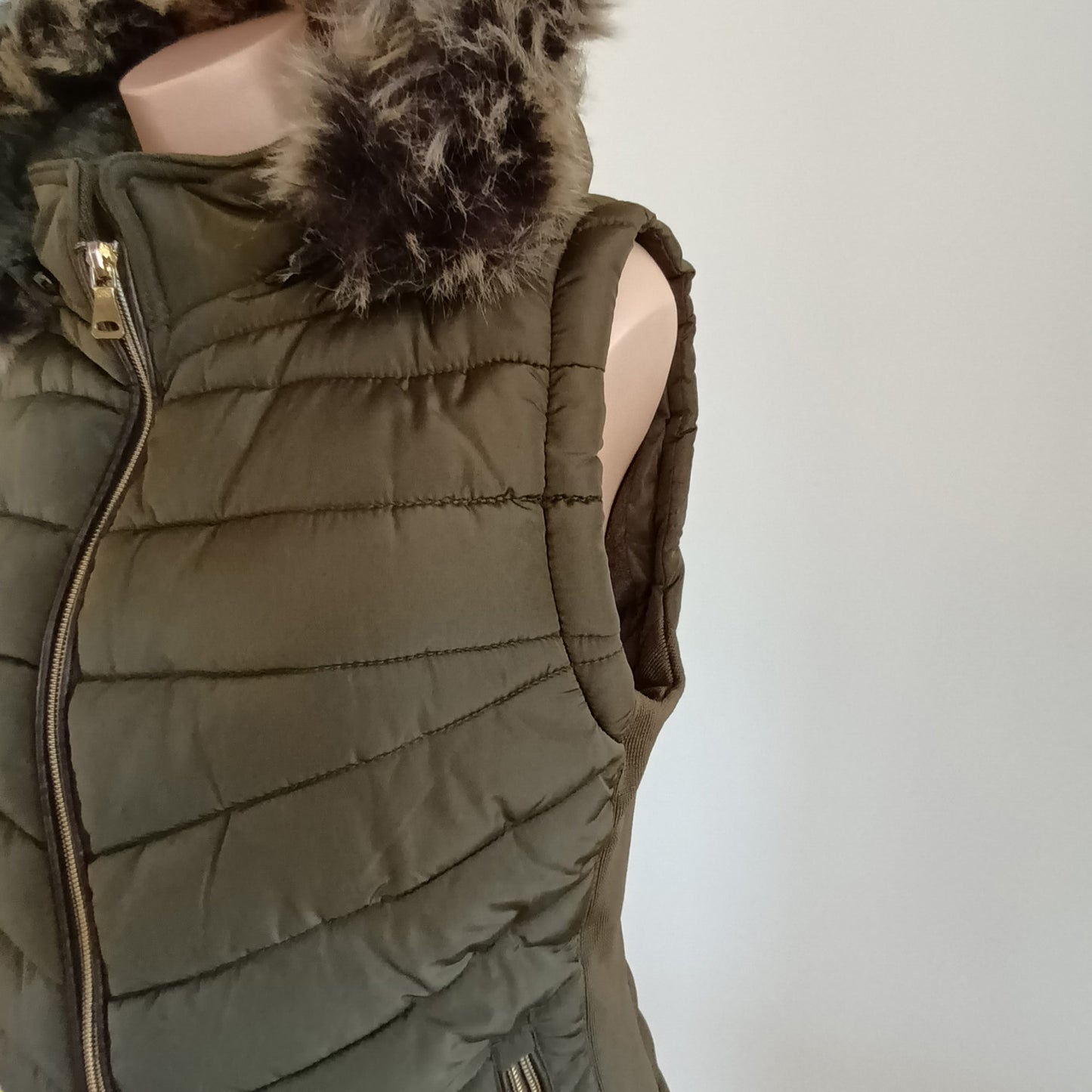 YMI Khaki Puffer vest with detachable fur hood