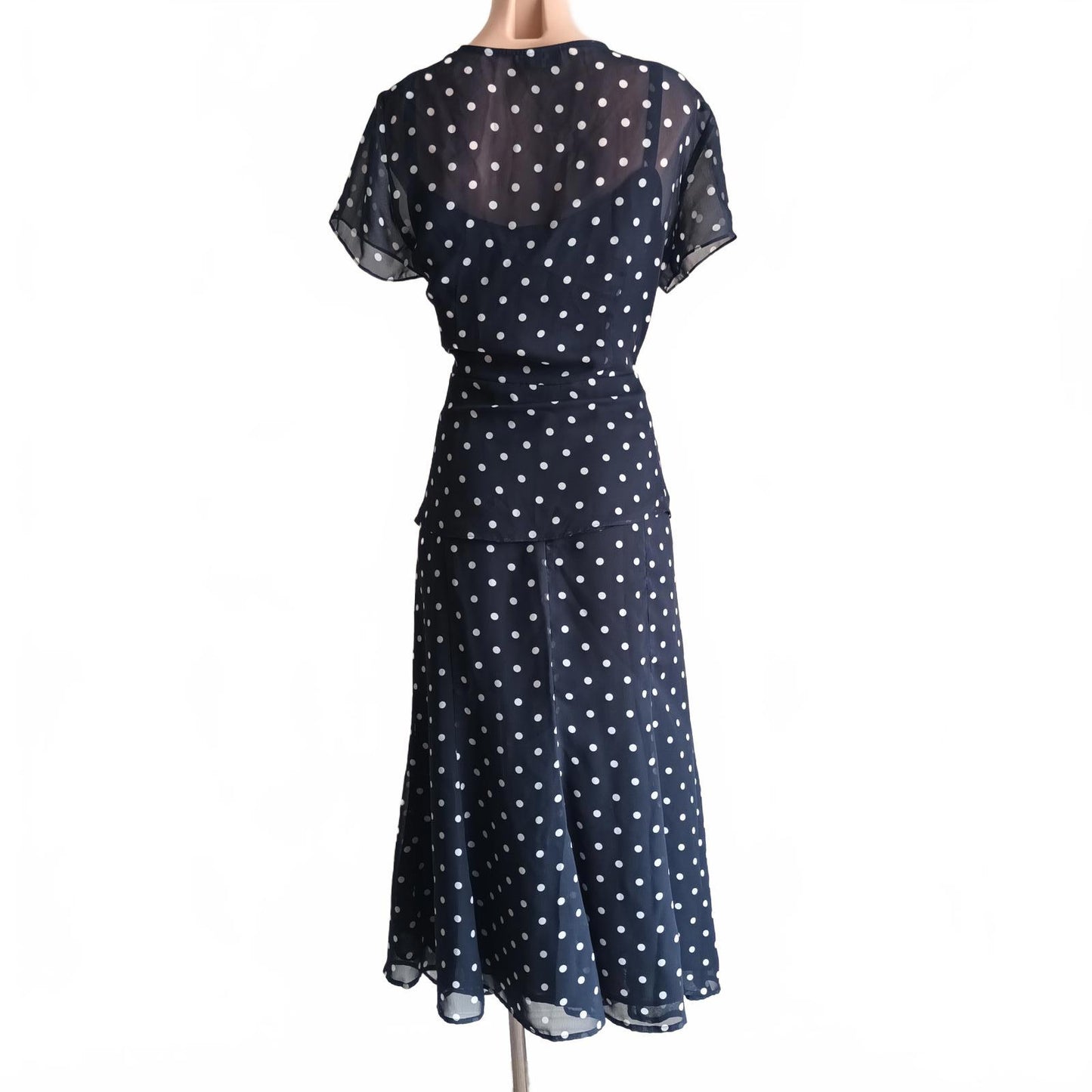 Navy spotted two piece peplum vintage Katies chiffon suit.