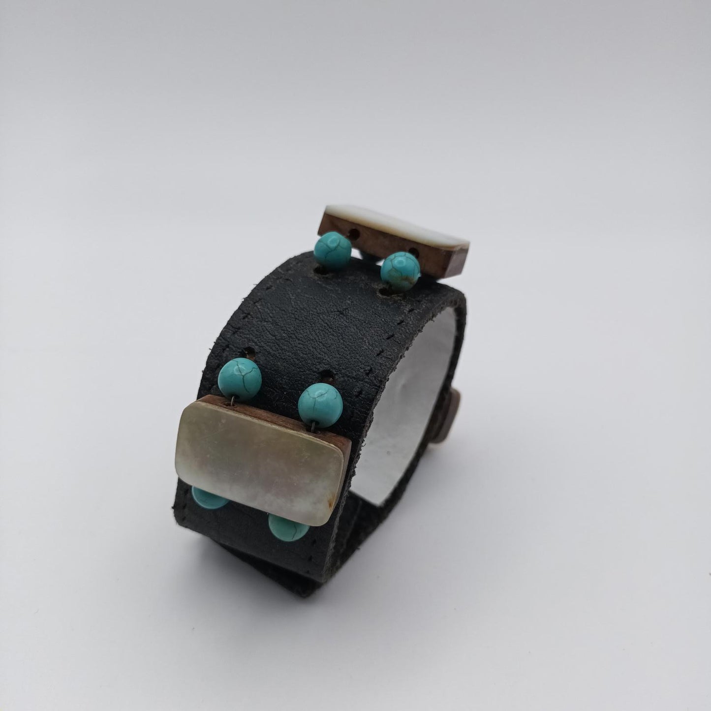 Vintage hand made black leather and mother of pearl cuff.