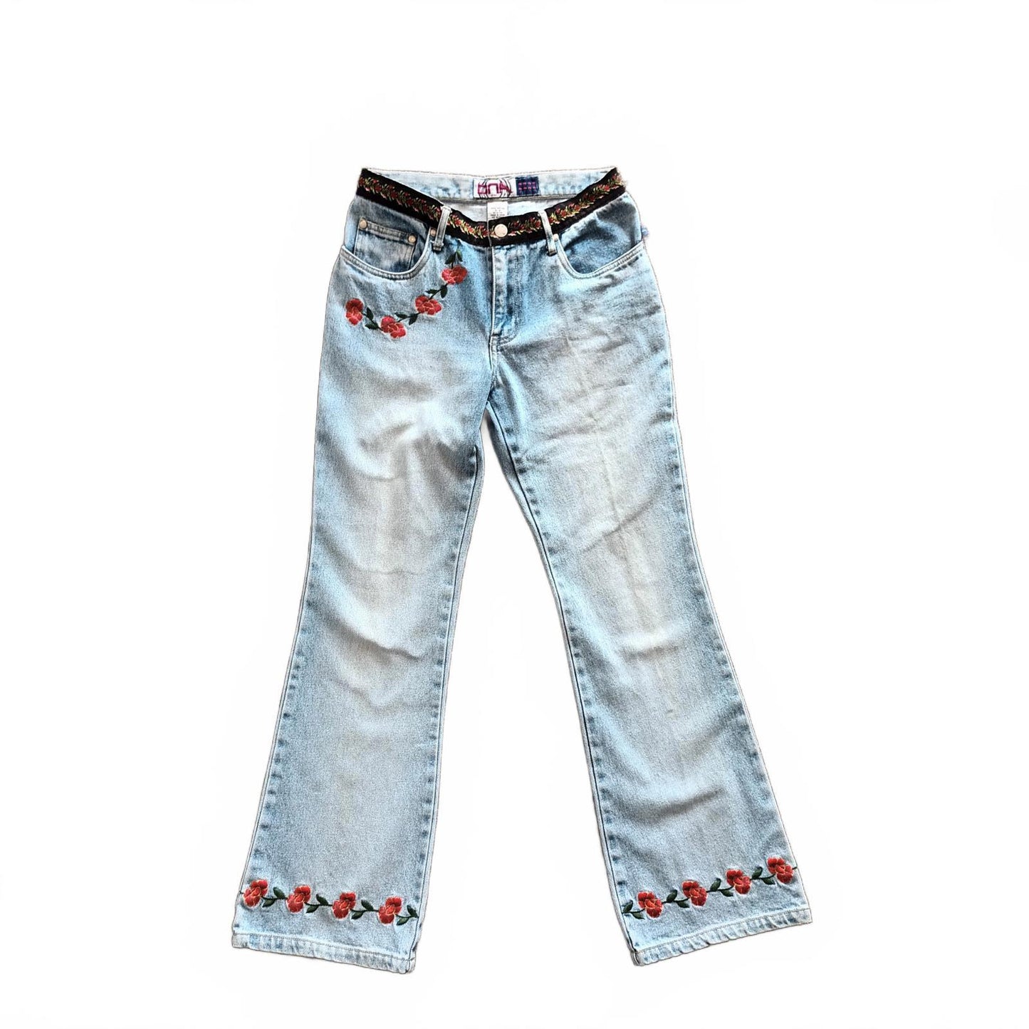 Vintage embroidered floral flared denim jeans. DNA Jeans Y2k