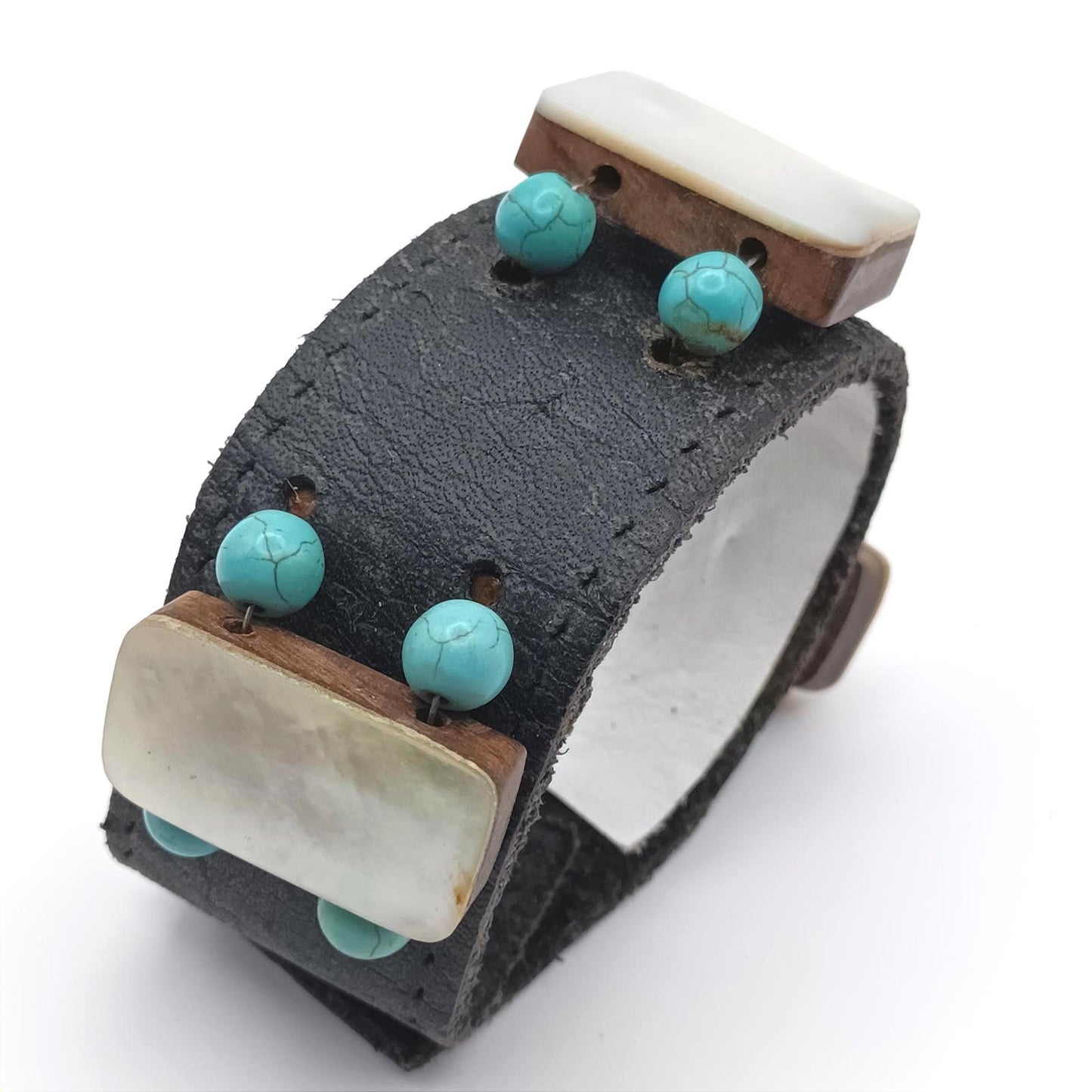 Vintage hand made black leather and mother of pearl cuff.