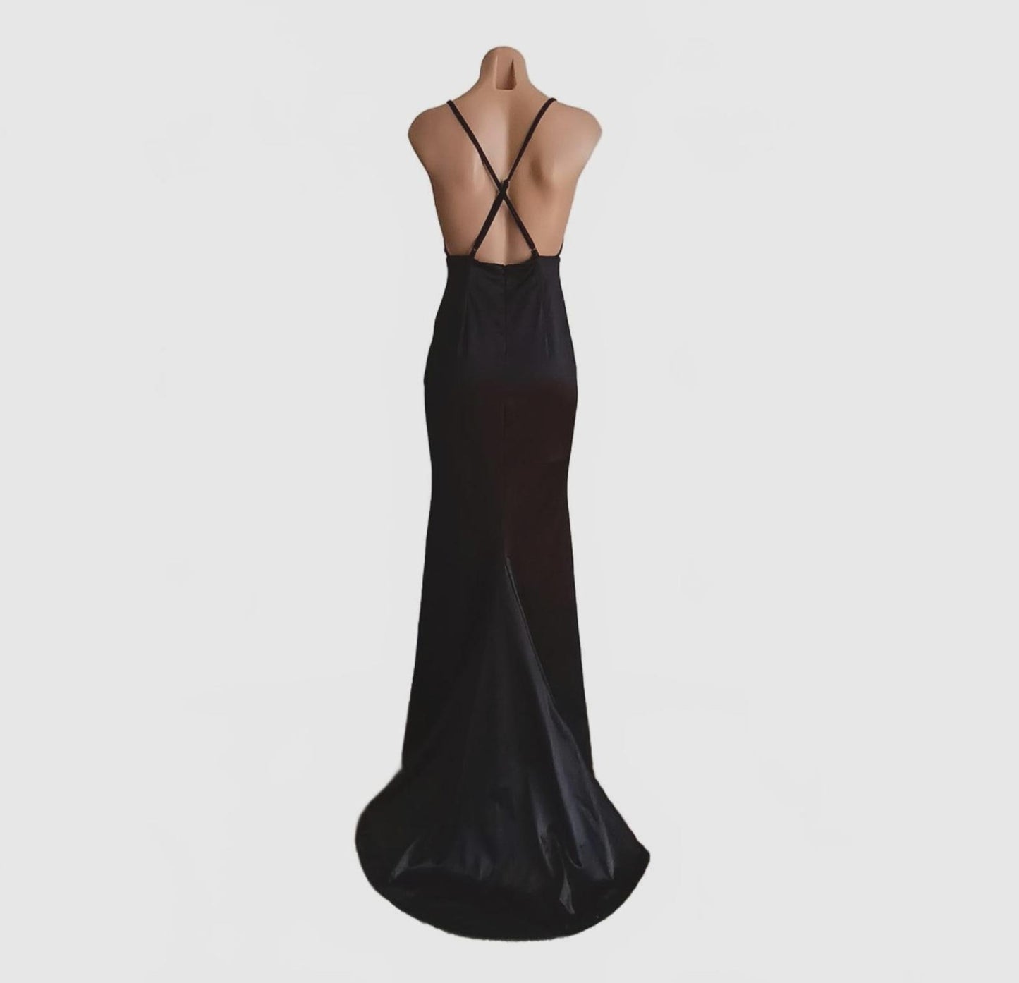 Vintage backless evening gown black sateen fishtail.