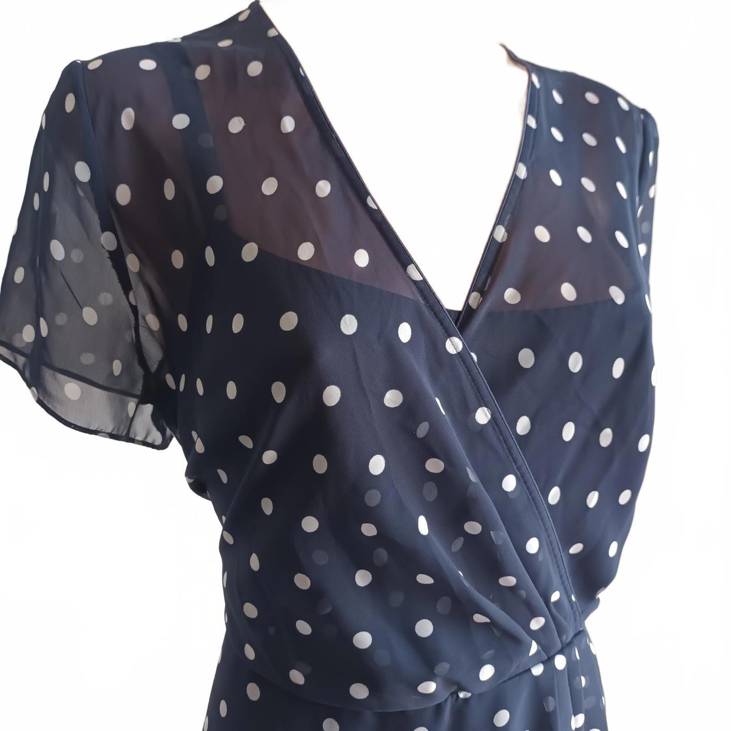 Navy spotted two piece peplum vintage Katies chiffon suit.