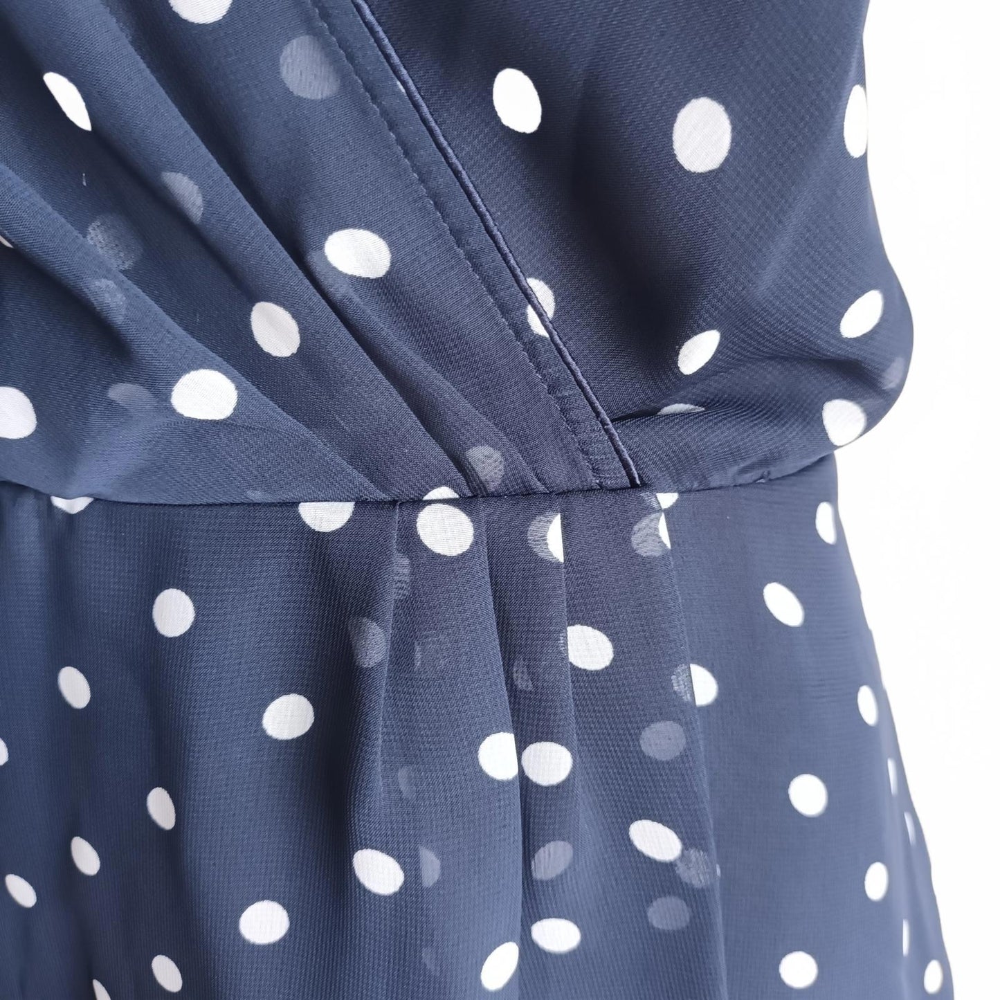 Navy spotted two piece peplum vintage Katies chiffon suit.