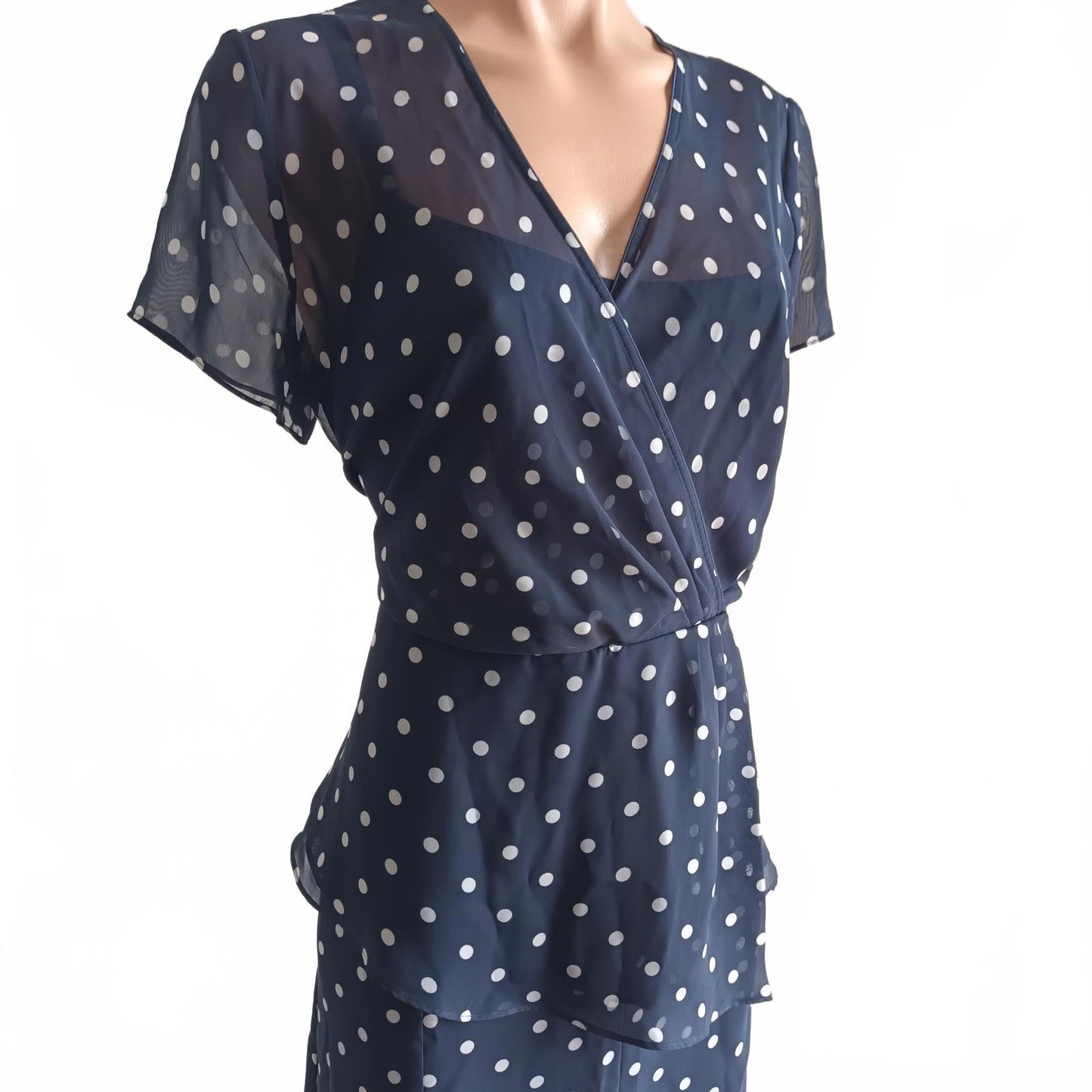 Navy spotted two piece peplum vintage Katies chiffon suit.