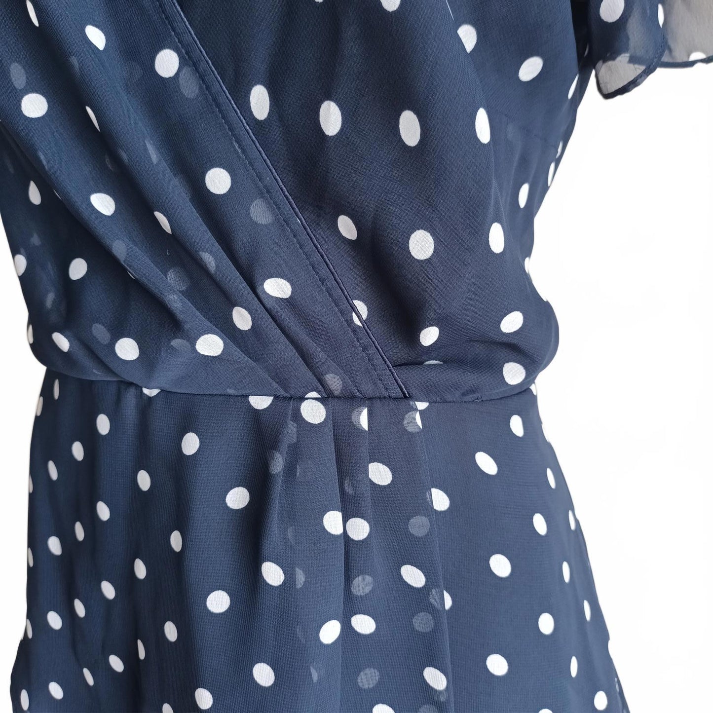Navy spotted two piece peplum vintage Katies chiffon suit.