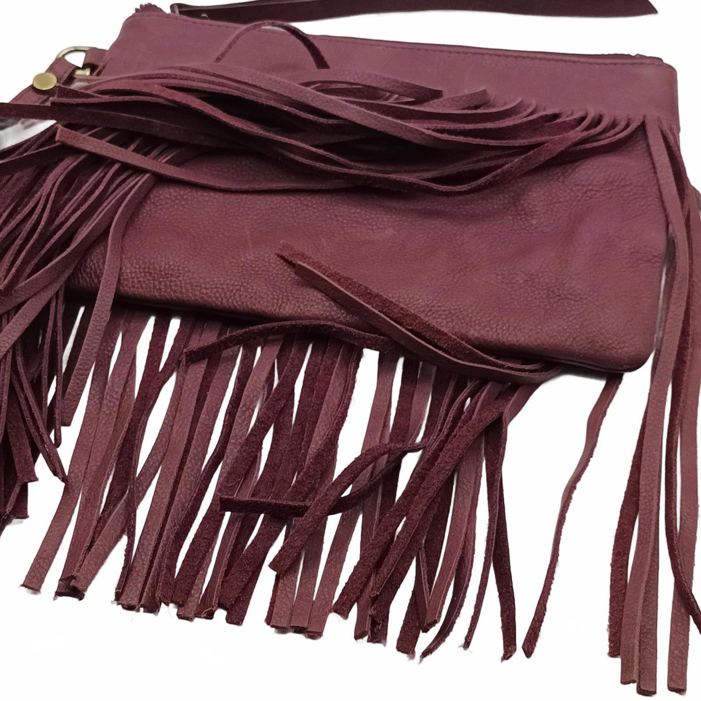 Burgundy fringed leather clutch JAG