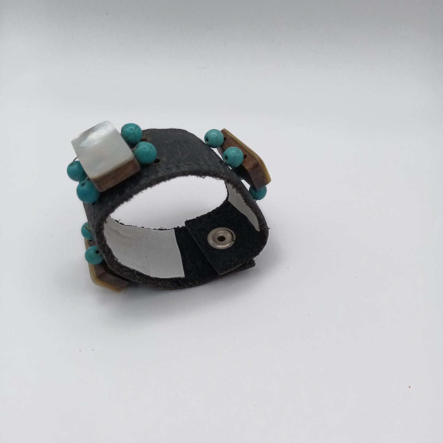 Vintage hand made black leather and mother of pearl cuff.