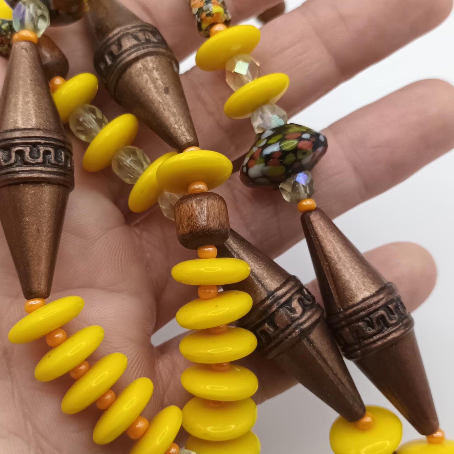 Yellow and bronze beaded necklace with hand painted glass beads.