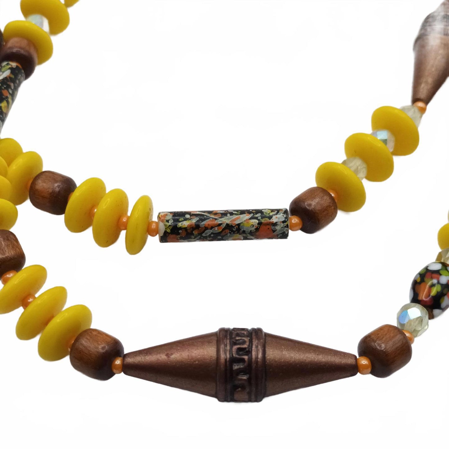 Yellow and bronze beaded necklace with hand painted glass beads.