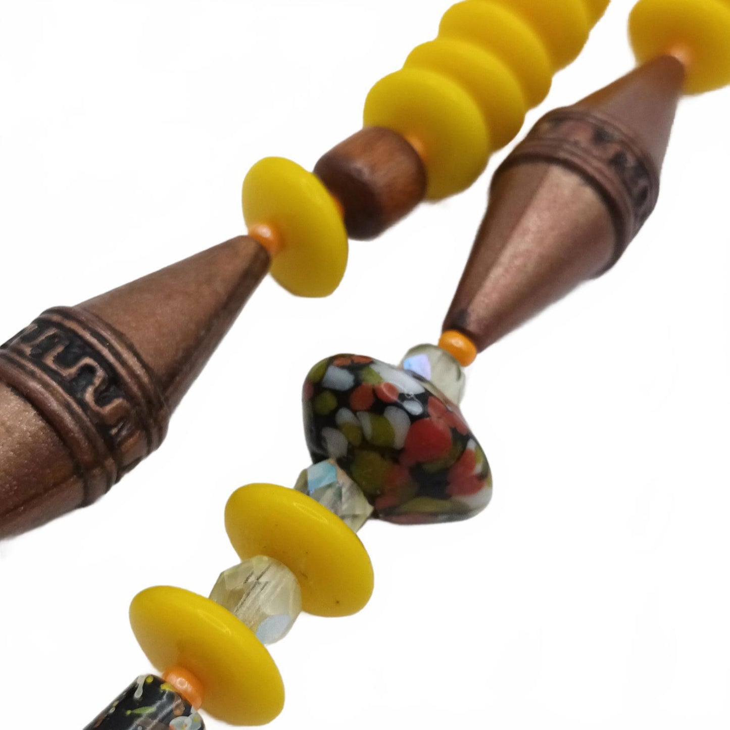Yellow and bronze beaded necklace with hand painted glass beads.