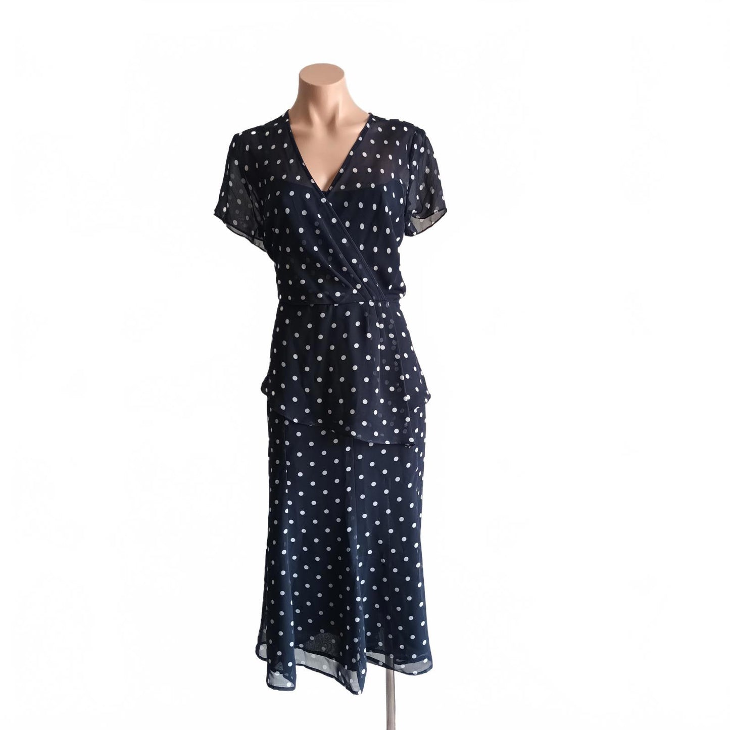 Navy spotted two piece peplum vintage Katies chiffon suit.