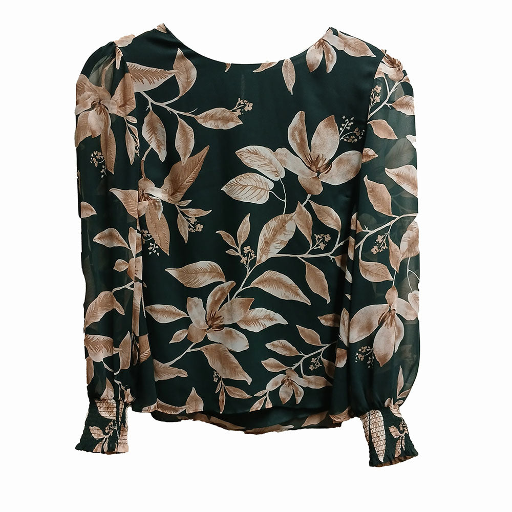 Long sleeve shirt sheer chiffon green floral Modeshy