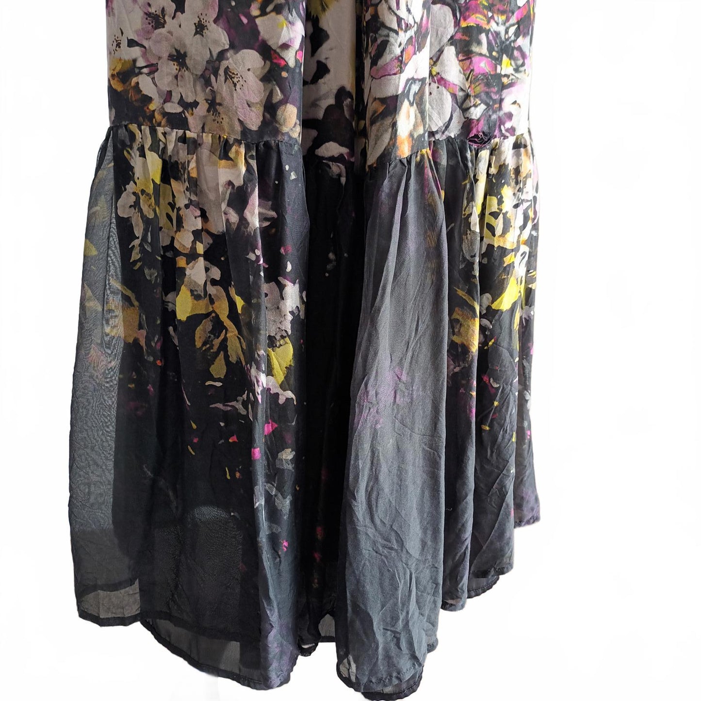 Silk portmans black floral maxi tiered skirt