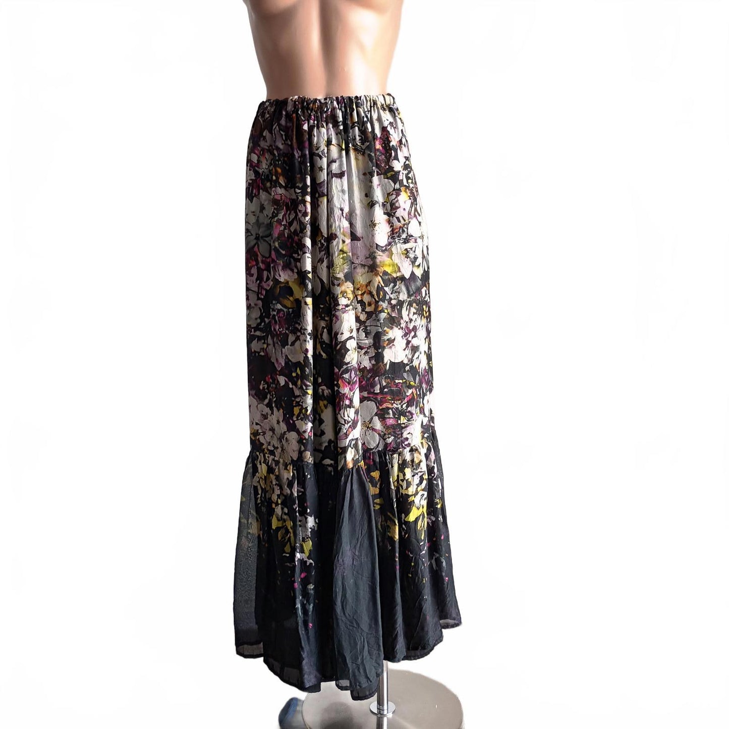 Silk portmans black floral maxi tiered skirt