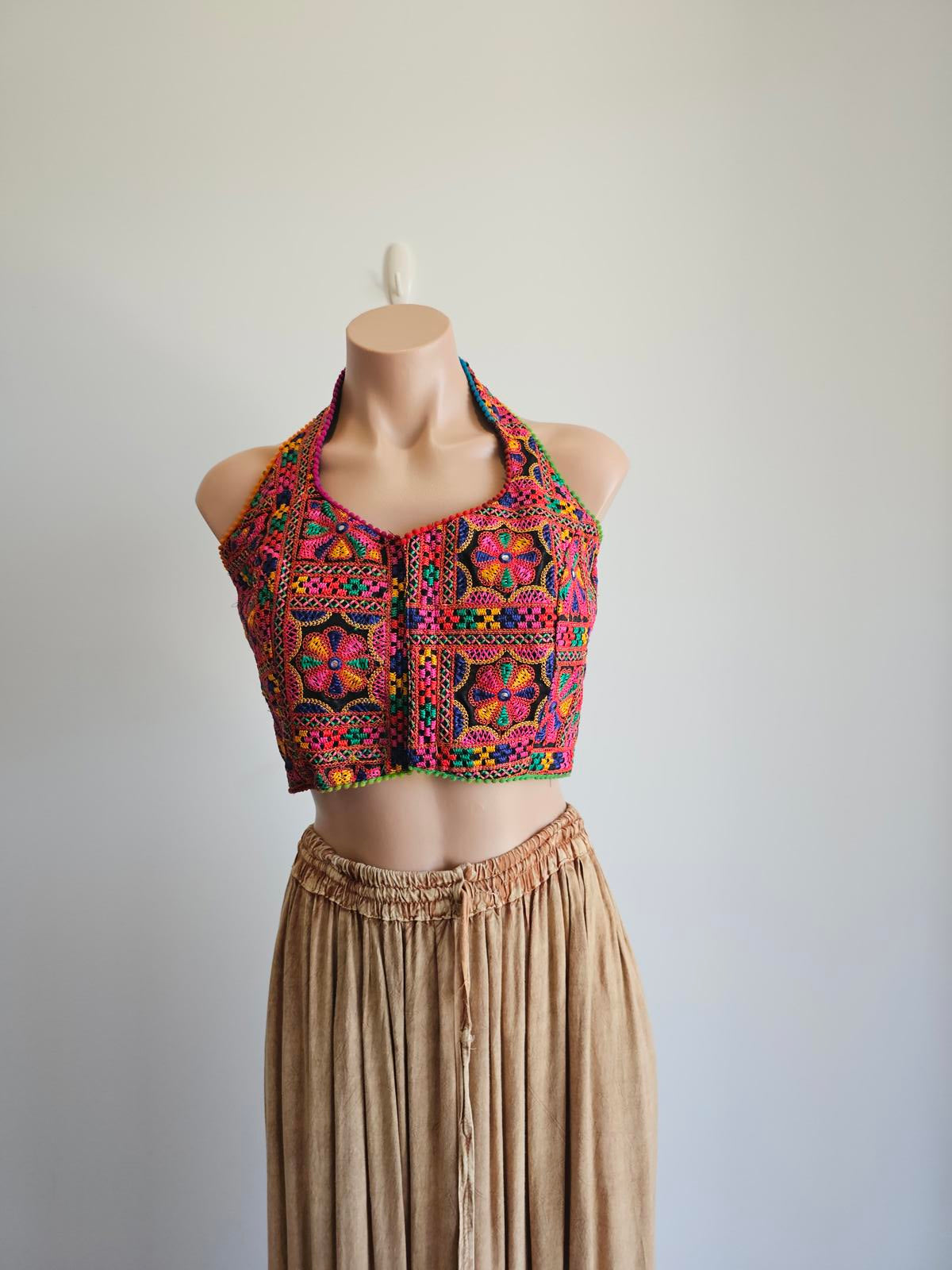 Shibori Designer cotton embroidered colour ethnic halter top L