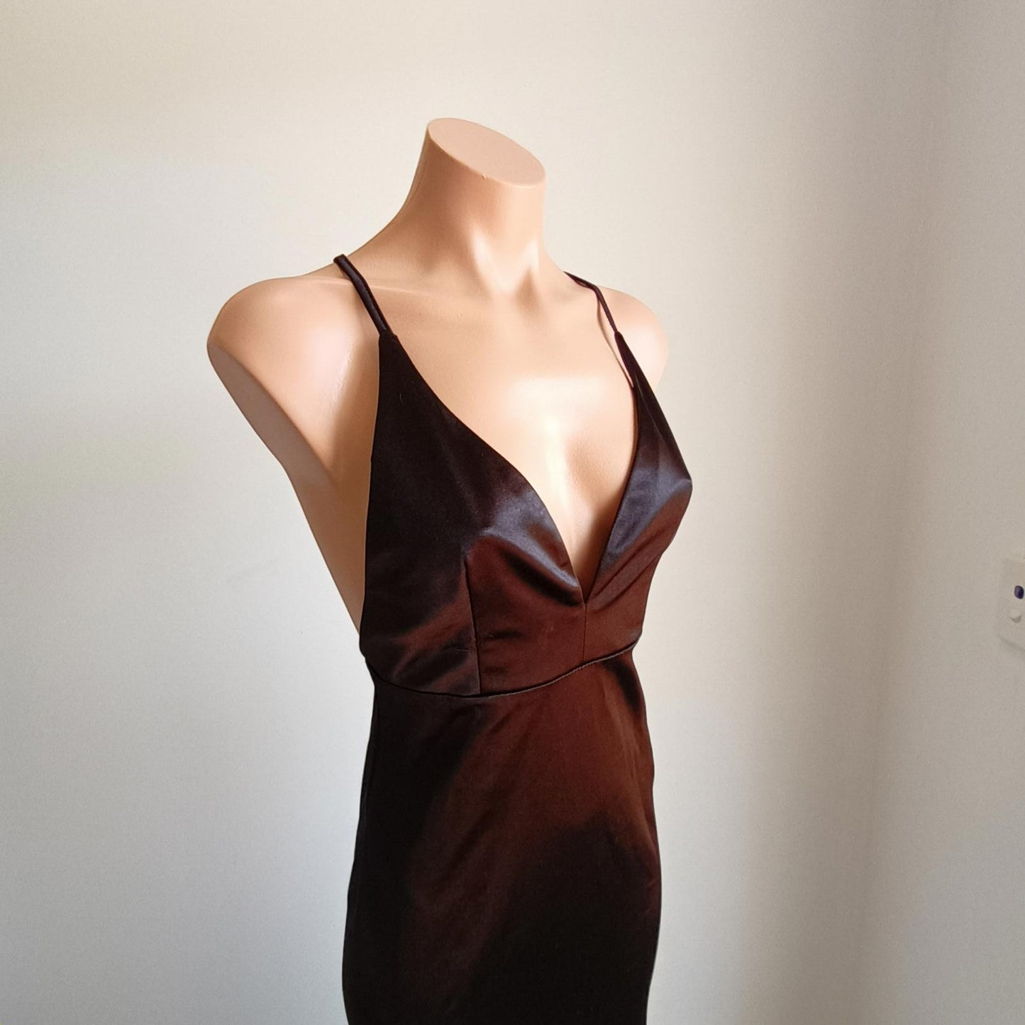 Vintage backless evening gown black sateen fishtail.