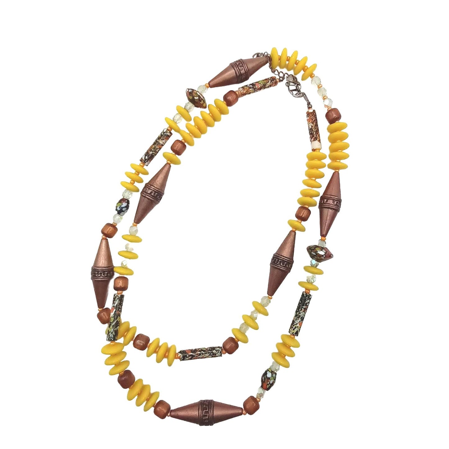 Yellow and bronze beaded necklace with hand painted glass beads.