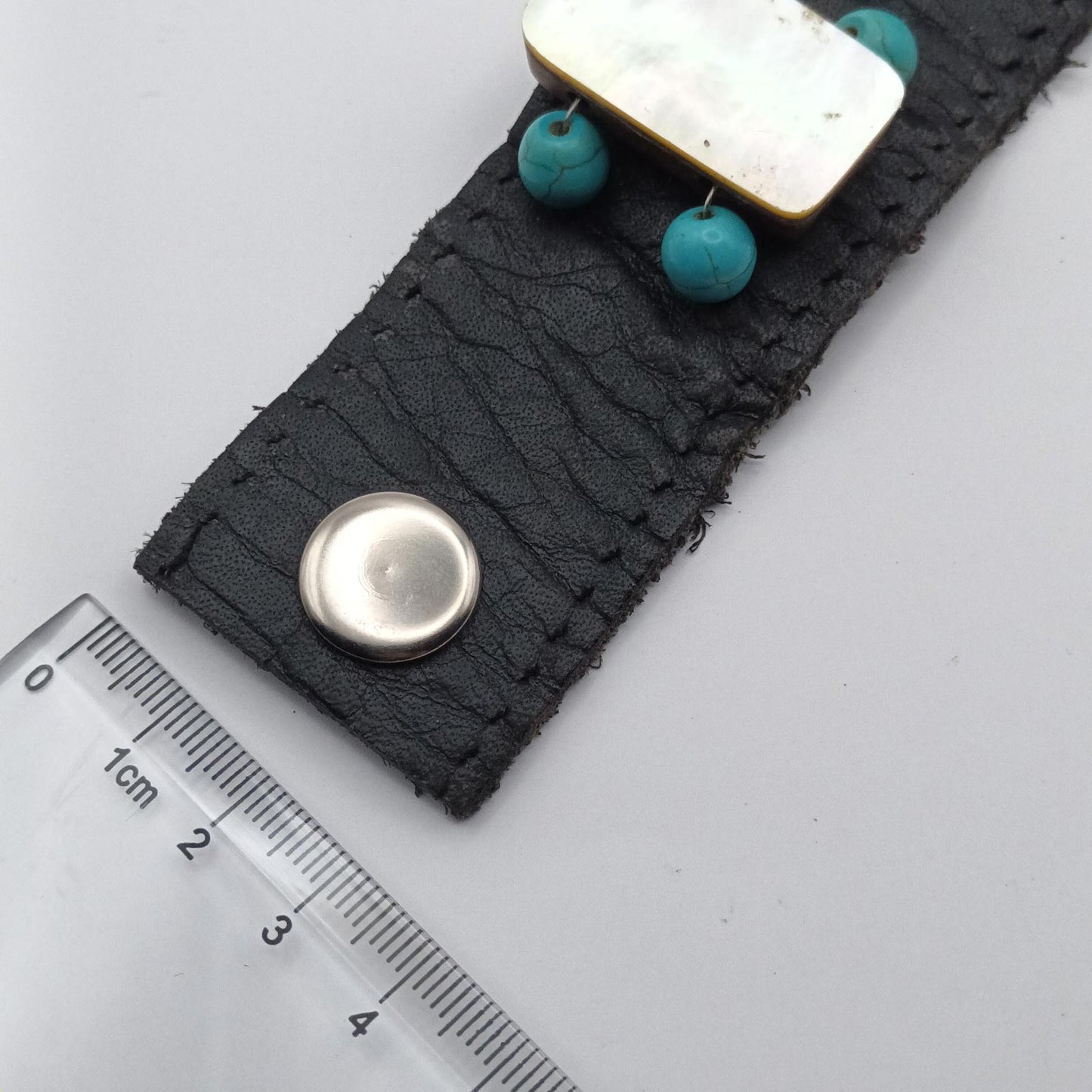 Vintage hand made black leather and mother of pearl cuff.