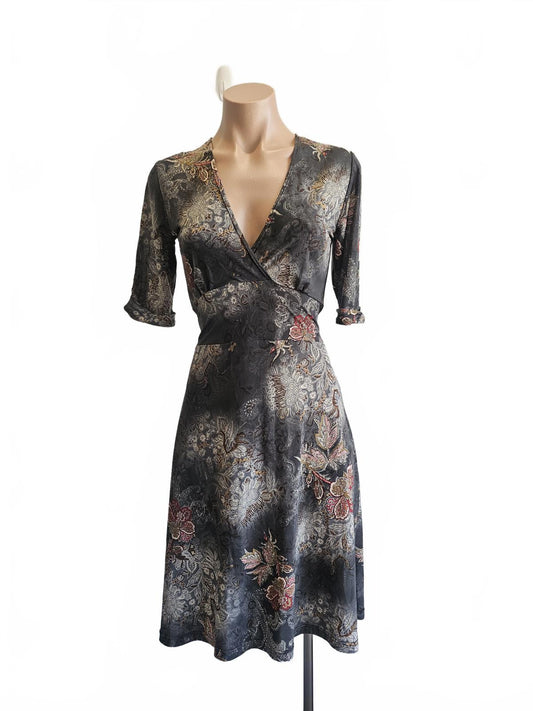 Vintage grey and burgundy wrap midi dress muted paisley S