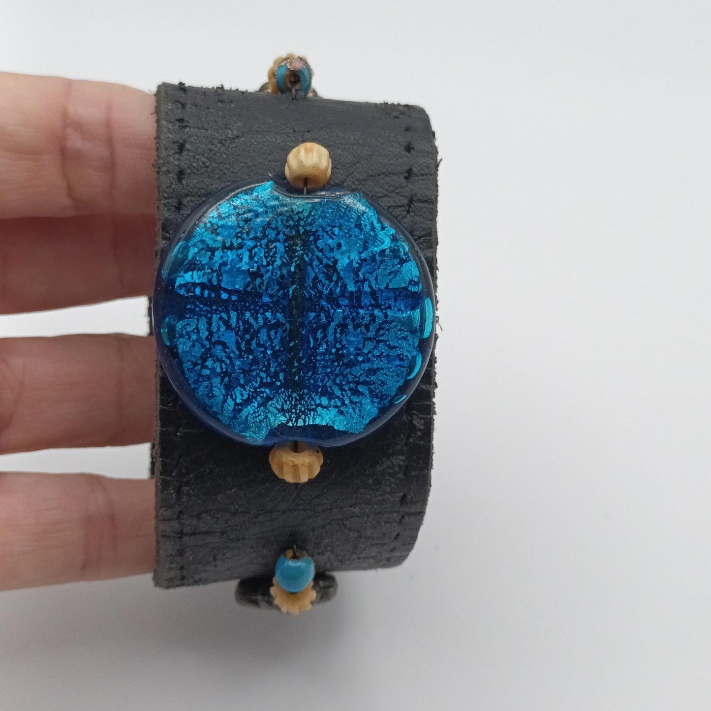 Hand made leather and beaded vintage cuff