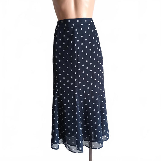 Navy spotted two piece peplum vintage Katies chiffon suit.