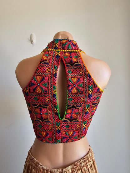 Shibori Designer cotton embroidered colour ethnic halter top L