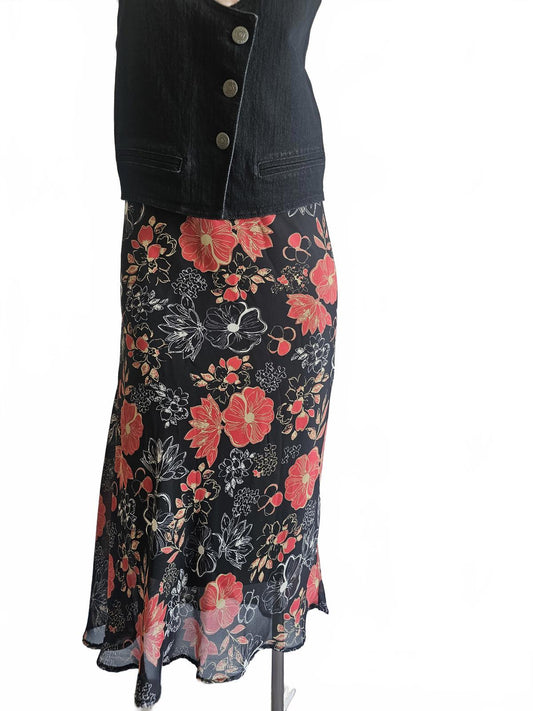 Vintage 90s ella J Black floral asemetrical skirt.
