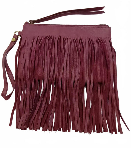 Burgundy fringed leather clutch JAG