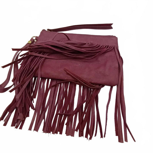 Burgundy fringed leather clutch JAG
